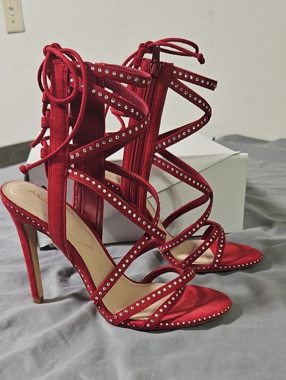 Aldo Red Studded Lace-Up Stiletto Heels